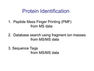 Protein Identification
1. Peptide Mass Finger Printing (PMF)
from MS data
2. Database search using fragment ion masses
from MS/MS data
3. Sequence Tags
from MS/MS data
 