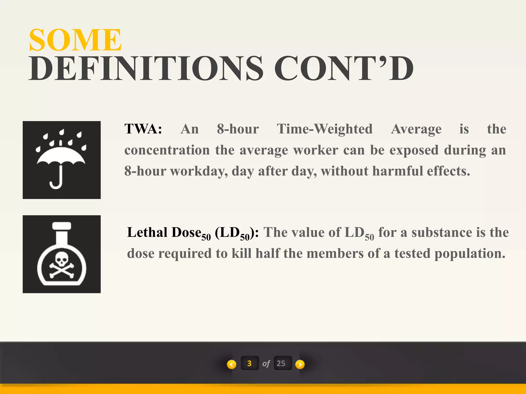 SOME
3 of 25
DEFINITIONS CONT’D
Lethal Dose50 (LD50): The value of LD50 for a substance is the
dose required to kill half the members of a tested population.
TWA: An 8-hour Time-Weighted Average is the
concentration the average worker can be exposed during an
8-hour workday, day after day, without harmful effects.
 