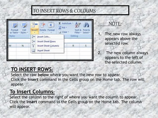TO INSERT ROWS & COLOUMS
TO INSERT ROWS:
Select the row below where you want the new row to appear.
Click the Insert command in the Cells group on the Home tab. The row will
appear.
To Insert Columns:
Select the column to the right of where you want the column to appear.
Click the Insert command in the Cells group on the Home tab. The column
will appear.
NOTE:
1. The new row always
appears above the
selected row.
2. The new column always
appears to the left of
the selected column.
16-07-2015 13MS EXCEL
 