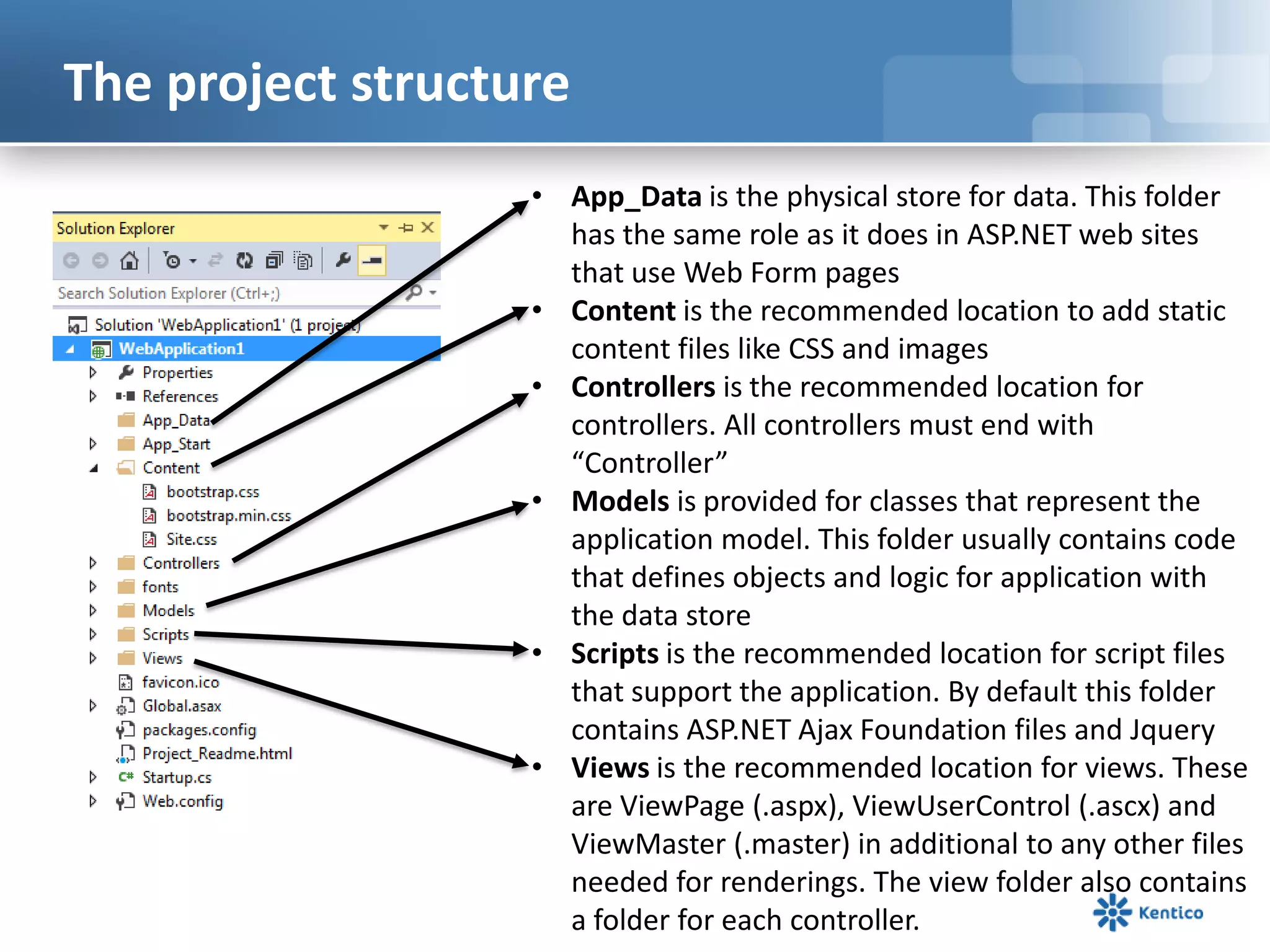 The project structure
• App_Data is the physical store for data. This folder
has the same role as it does in ASP.NET web sites
that use Web Form pages
• Content is the recommended location to add static
content files like CSS and images
• Controllers is the recommended location for
controllers. All controllers must end with
“Controller”
• Models is provided for classes that represent the
application model. This folder usually contains code
that defines objects and logic for application with
the data store
• Scripts is the recommended location for script files
that support the application. By default this folder
contains ASP.NET Ajax Foundation files and Jquery
• Views is the recommended location for views. These
are ViewPage (.aspx), ViewUserControl (.ascx) and
ViewMaster (.master) in additional to any other files
needed for renderings. The view folder also contains
a folder for each controller.

 
