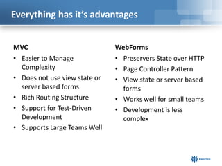 Everything has it’s advantages
MVC
• Easier to Manage
Complexity
• Does not use view state or
server based forms
• Rich Routing Structure
• Support for Test-Driven
Development
• Supports Large Teams Well

WebForms
• Preservers State over HTTP
• Page Controller Pattern
• View state or server based
forms
• Works well for small teams
• Development is less
complex

 