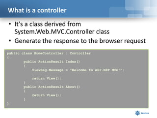 What is a controller
• It’s a class derived from
System.Web.MVC.Controller class
• Generate the response to the browser request
public class HomeController : Controller
{
public ActionResult Index()
{
ViewBag.Message = "Welcome to ASP.NET MVC!";
return View();
}
public ActionResult About()
{
return View();
}
}

 