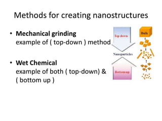 Methods for creating nanostructures
• Mechanical grinding
example of ( top-down ) method
• Wet Chemical
example of both ( top-down) &
( bottom up )
 