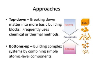 Approaches
• Top-down – Breaking down
matter into more basic building
blocks. Frequently uses
chemical or thermal methods.
• Bottoms-up – Building complex
systems by combining simple
atomic-level components.
 