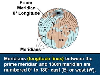 Prime
     Meridian
   0° Longitude




       Meridians

Meridians (longitude lines) between the
prime meridian and 180th...