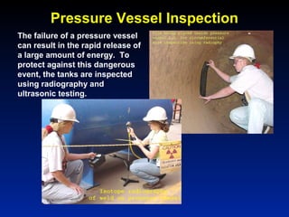 Pressure Vessel Inspection
The failure of a pressure vessel
can result in the rapid release of
a large amount of energy. To
protect against this dangerous
event, the tanks are inspected
using radiography and
ultrasonic testing.
 