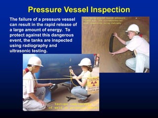 Pressure Vessel Inspection
The failure of a pressure vessel
can result in the rapid release of
a large amount of energy. To
protect against this dangerous
event, the tanks are inspected
using radiography and
ultrasonic testing.
 