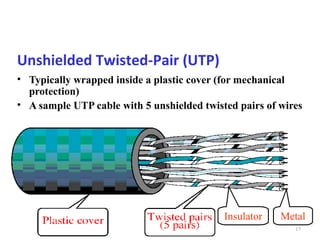 Unshielded Twisted-Pair (UTP)
• Typically wrapped inside a plastic cover (for mechanical
protection)
• A sample UTP cable with 5 unshielded twisted pairs of wires

Insulator

Metal
17

 