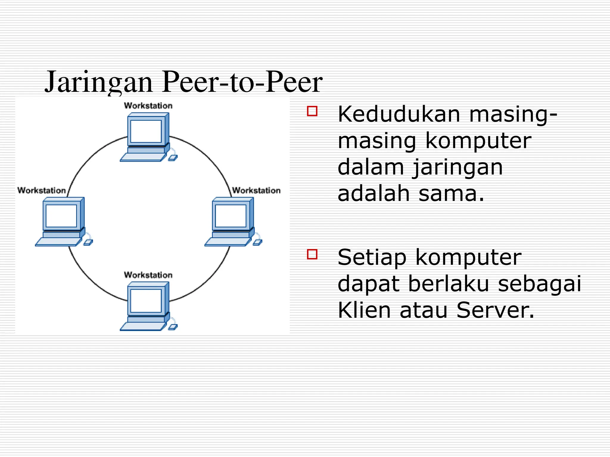 Jaringan Peer-to-Peer
 Kedudukan masing-
masing komputer
dalam jaringan
adalah sama.
 Setiap komputer
dapat berlaku sebagai
Klien atau Server.
 