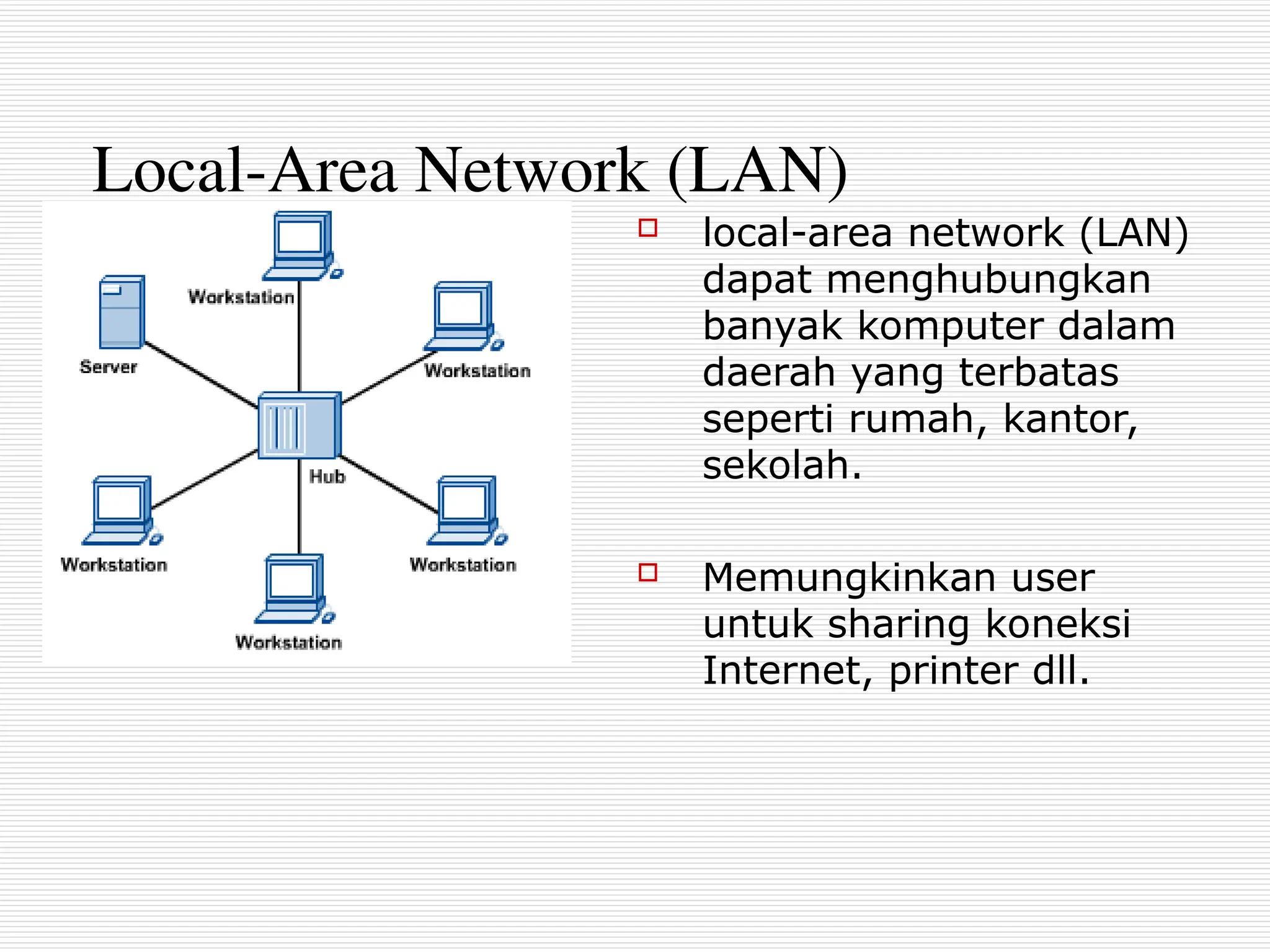 Local-Area Network (LAN)
 local-area network (LAN)
dapat menghubungkan
banyak komputer dalam
daerah yang terbatas
seperti rumah, kantor,
sekolah.
 Memungkinkan user
untuk sharing koneksi
Internet, printer dll.
 