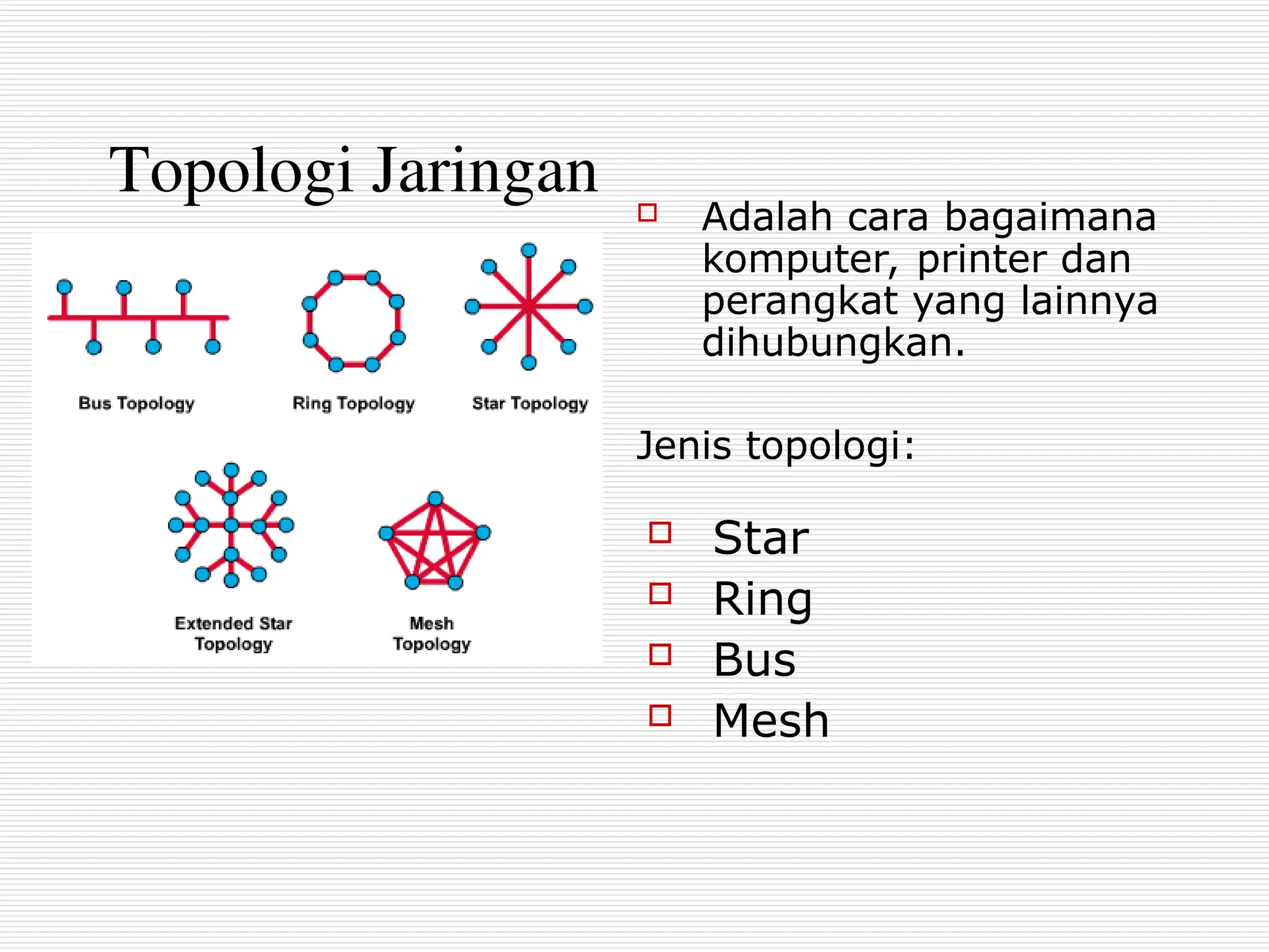Topologi Jaringan  Adalah cara bagaimana
komputer, printer dan
perangkat yang lainnya
dihubungkan.
Jenis topologi:
 Star
 Ring
 Bus
 Mesh
 