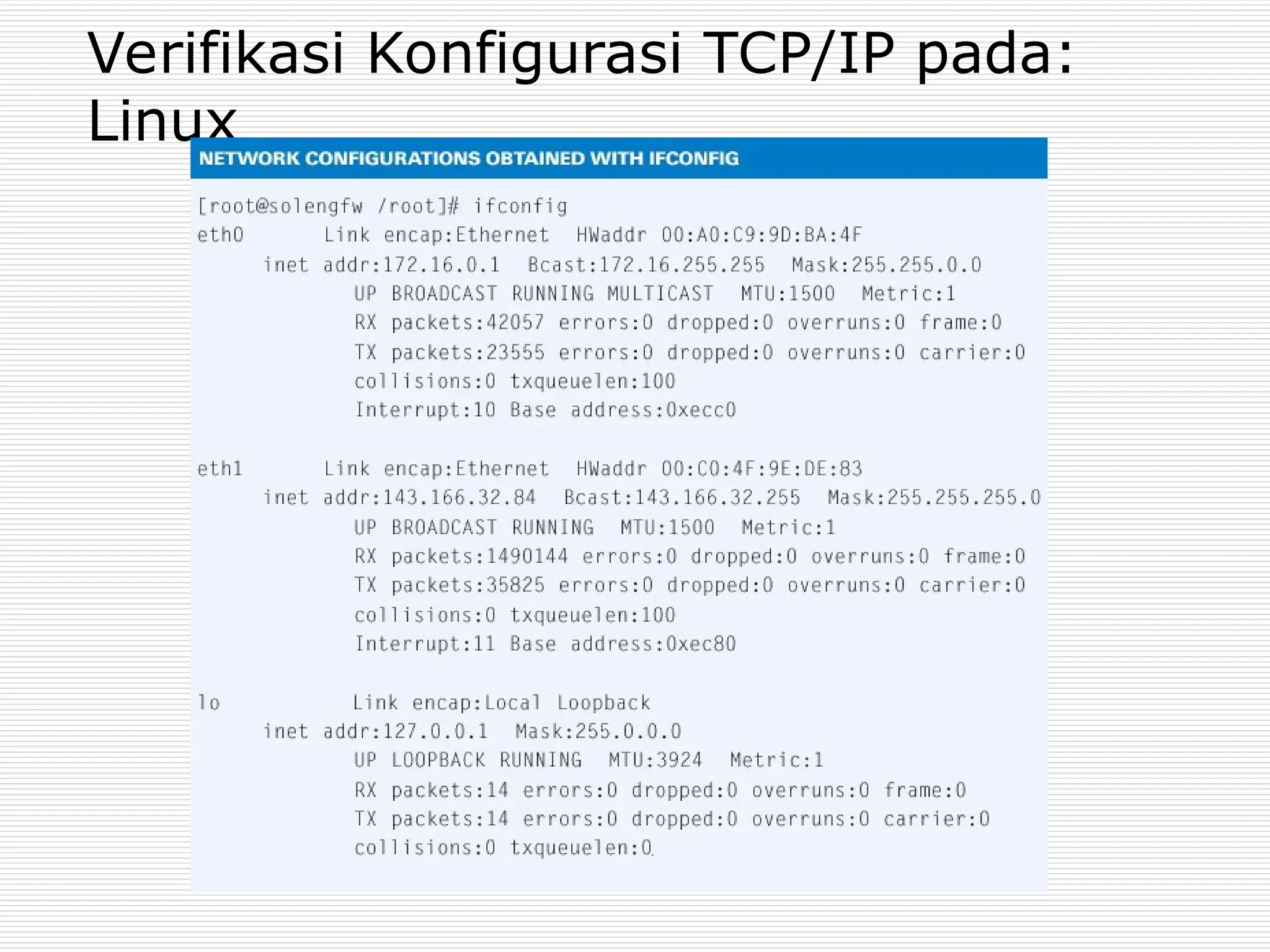 Verifikasi Konfigurasi TCP/IP pada:
Linux
 