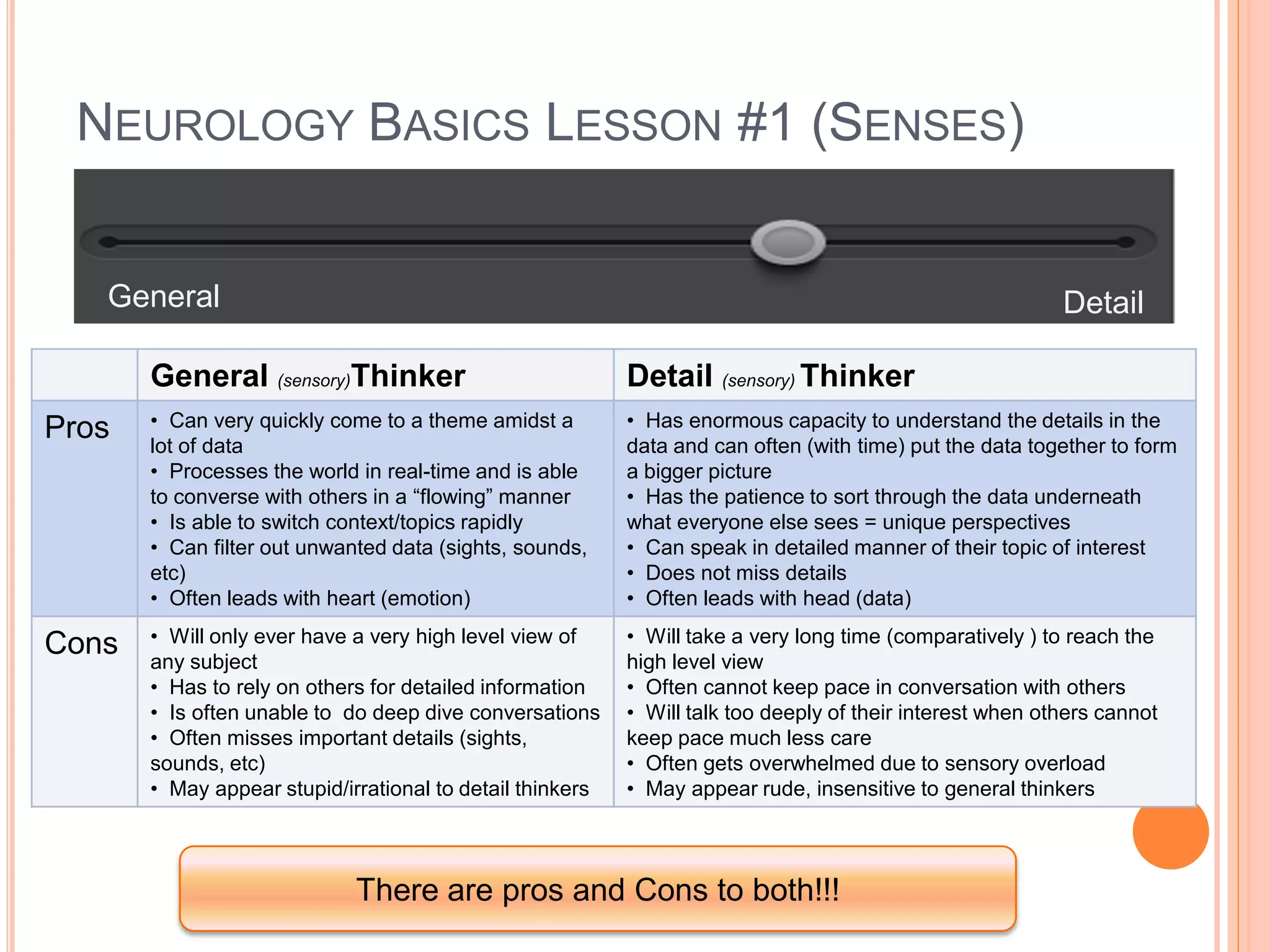 NEUROLOGY BASICS LESSON #1 (SENSES)


   General                                                                                                 Detail

       General (sensory)Thinker                            Detail (sensory) Thinker
Pros   • Can very quickly come to a theme amidst a         • Has enormous capacity to understand the details in the
       lot of data                                         data and can often (with time) put the data together to form
       • Processes the world in real-time and is able      a bigger picture
       to converse with others in a “flowing” manner       • Has the patience to sort through the data underneath
       • Is able to switch context/topics rapidly          what everyone else sees = unique perspectives
       • Can filter out unwanted data (sights, sounds,     • Can speak in detailed manner of their topic of interest
       etc)                                                • Does not miss details
       • Often leads with heart (emotion)                  • Often leads with head (data)

Cons   • Will only ever have a very high level view of     • Will take a very long time (comparatively ) to reach the
       any subject                                         high level view
       • Has to rely on others for detailed information    • Often cannot keep pace in conversation with others
       • Is often unable to do deep dive conversations     • Will talk too deeply of their interest when others cannot
       • Often misses important details (sights,           keep pace much less care
       sounds, etc)                                        • Often gets overwhelmed due to sensory overload
       • May appear stupid/irrational to detail thinkers   • May appear rude, insensitive to general thinkers



                             There are pros and Cons to both!!!
 