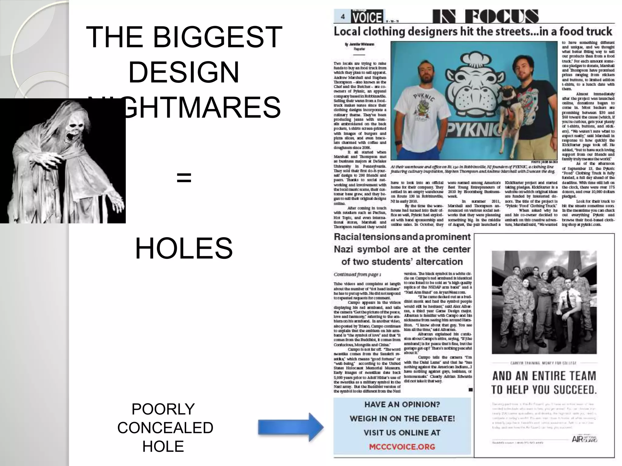 THE BIGGEST 
DESIGN 
NIGHTMARES 
= 
HOLES 
POORLY 
CONCEALED 
HOLE 
 