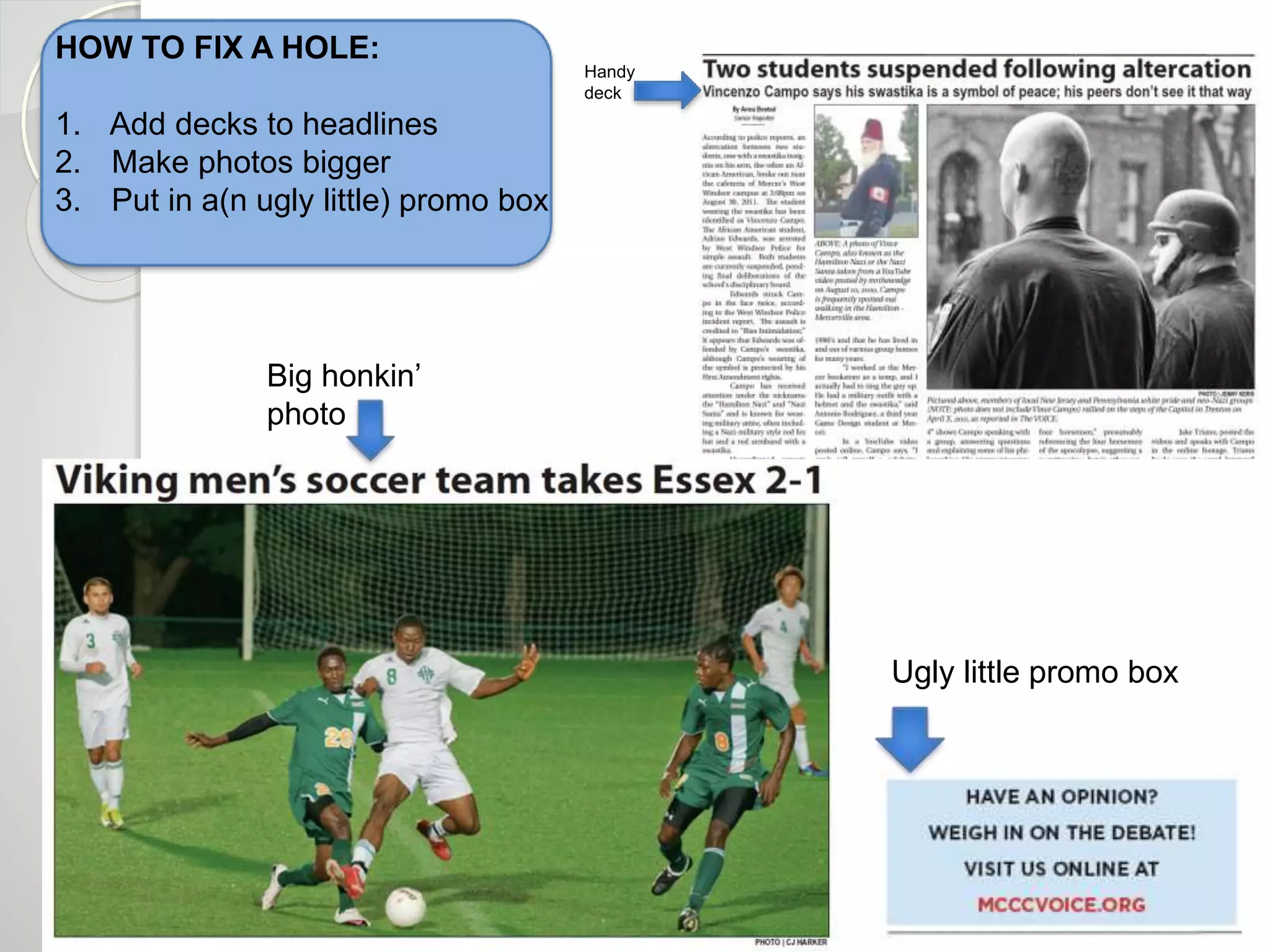 HOW TO FIX A HOLE: 
1. Add decks to headlines 
2. Make photos bigger 
3. Put in a(n ugly little) promo box 
Handy 
deck 
Big honkin’ 
photo 
Ugly little promo box 
 