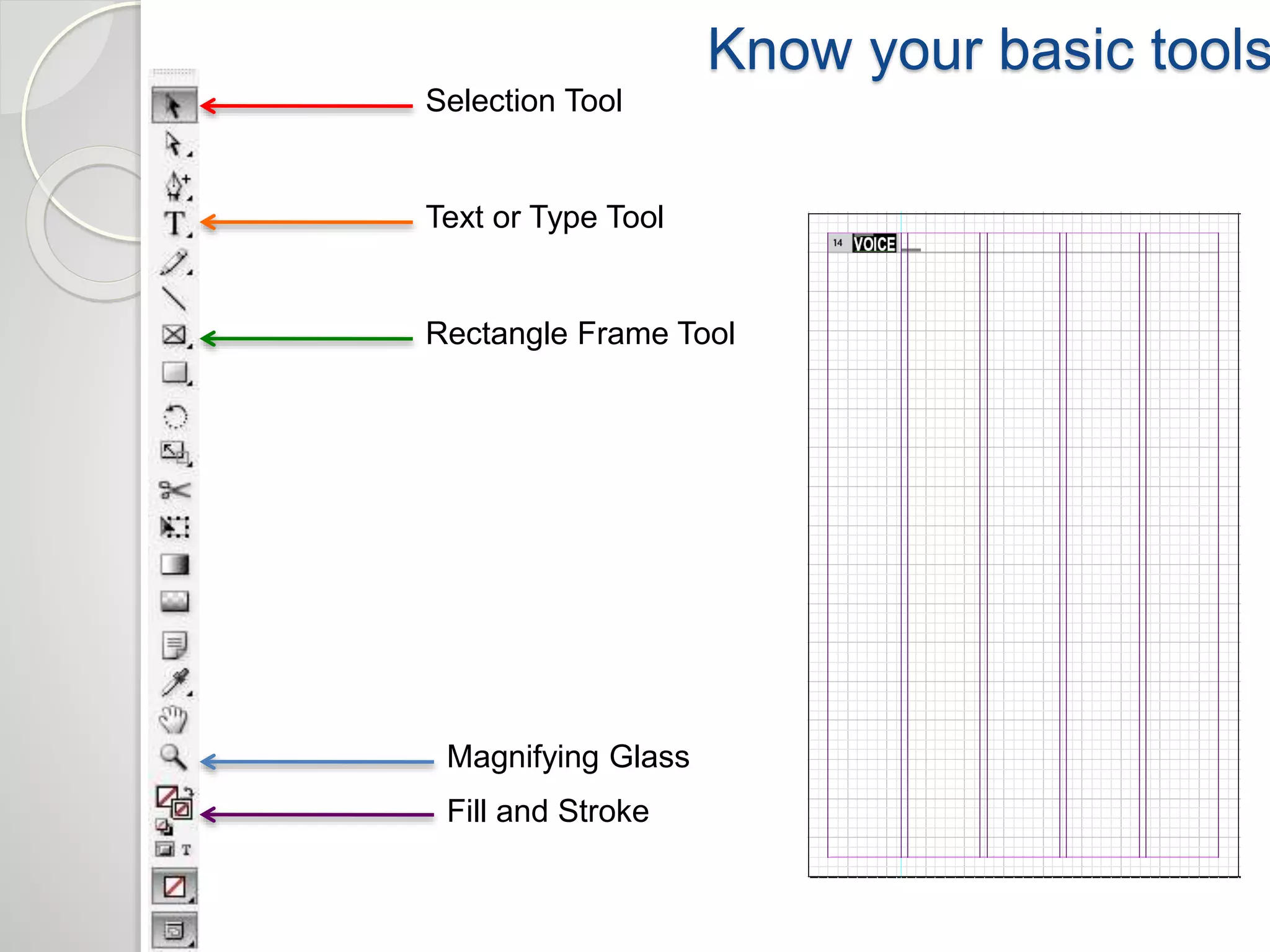 Know your basic tools 
Selection Tool 
Text or Type Tool 
Rectangle Frame Tool 
Magnifying Glass 
Fill and Stroke 
 