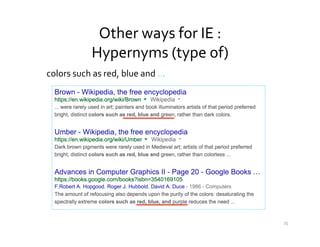 Other	
  ways	
  for	
  IE	
  :	
  	
  
Hypernyms	
  (type	
  of)	
  
colors	
  such	
  as	
  red,	
  blue	
  and	
  …	
  
25	
  
 