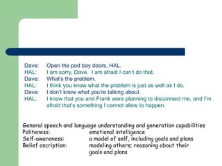 General speech and language understanding and generation capabilities
Politeness: emotional intelligence
Self-awareness: a model of self, including goals and plans
Belief ascription: modeling others; reasoning about their
goals and plans
Dave: Open the pod bay doors, HAL.
HAL: I am sorry, Dave. I am afraid I can’t do that.
Dave: What’s the problem.
HAL: I think you know what the problem is just as well as I do.
Dave: I don’t know what you’re talking about.
HAL: I know that you and Frank were planning to disconnect me, and I’m
afraid that’s something I cannot allow to happen.
 