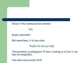 Noise in the communication channel
hte
Easily resolvable
But sometimes, it is less clear:
Thanks for all you help!
This sentence is ambiguous: It has a reading as is; but it can
also be misspelled…
How does one process this?
 