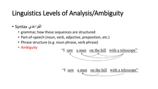 Linguistics Levels of Analysis/Ambiguity
• Syntax ‫القواعدي‬
• grammar, how these sequences are structured
• Part-of-speech (noun, verb, adjective, preposition, etc.)
• Phrase structure (e.g. noun phrase, verb phrase)
• Ambiguity
 