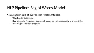 NLP Pipeline: Bag of Words Model
• Issues with Bag-of-Words Text Representation
• Word order is ignored.
• Raw absolute frequency counts of words do not necessarily represent the
meaning of the text properly.
 