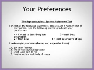 Your Preferences The Representational System Preference Test For each of the following statements, please place a number next to ever phrase.  Use the following system to indicate your preferences: 4 = Closest to describing you 3 = next best description 2 = Next best 1 = least descriptive of you I make major purchases (house, car, expensive items): _3_ gut level feelings _4_ which way sounds best to me _1_ what looks best to me _2_ precise review and study of issues 