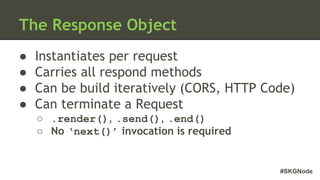 #SKGNode
The Response Object
● Instantiates per request
● Carries all respond methods
● Can be build iteratively (CORS, HTTP Code)
● Can terminate a Request
○ .render(), .send(), .end()
○ No ‘next()’ invocation is required
 