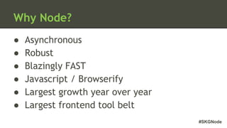 #SKGNode
Why Node?
● Asynchronous
● Robust
● Blazingly FAST
● Javascript / Browserify
● Largest growth year over year
● Largest frontend tool belt
 
