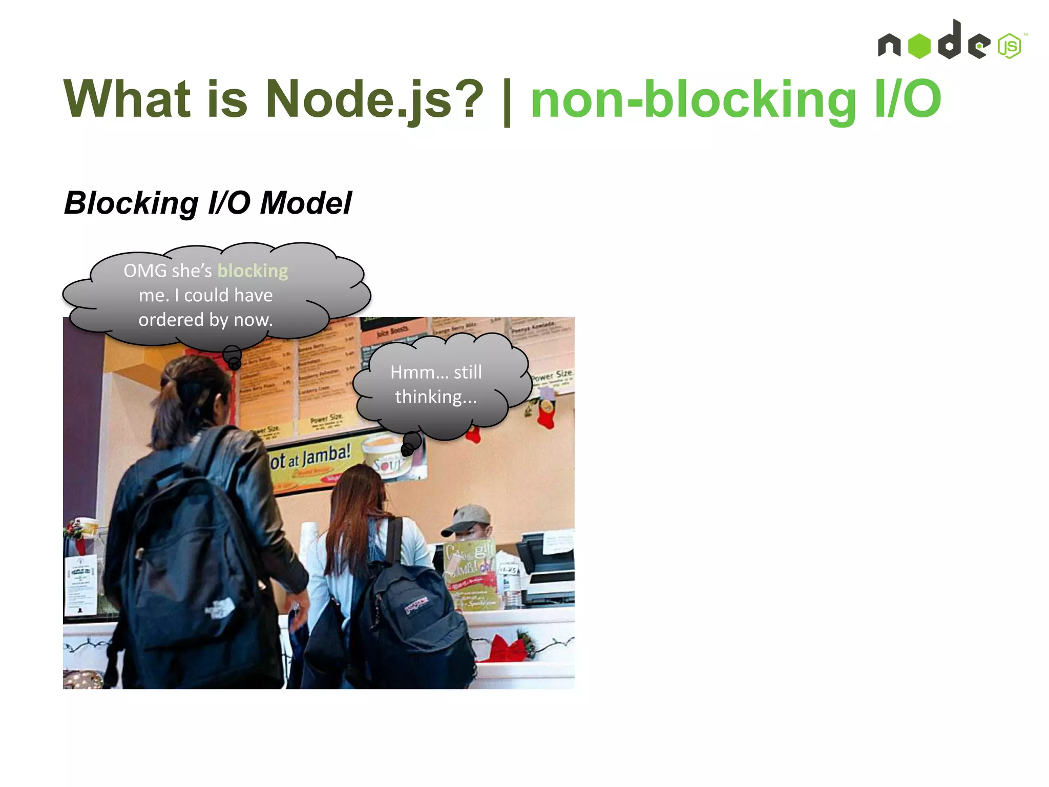 What is Node.js? | non-blocking I/O
Blocking I/O Model
Hmm… still
thinking...
OMG she’s blocking
me. I could have
ordered by now.
 