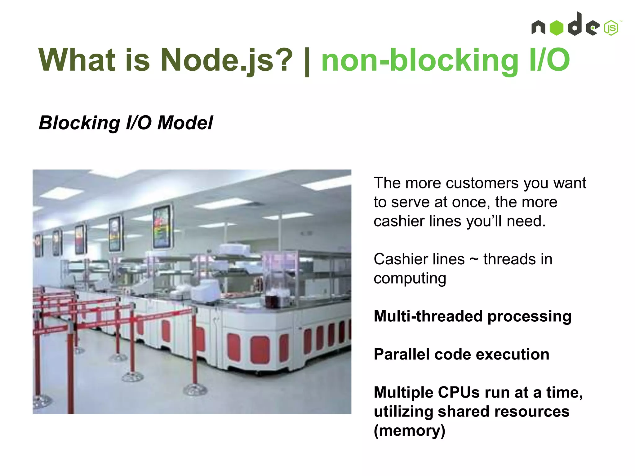 What is Node.js? | non-blocking I/O
Blocking I/O Model
The more customers you want
to serve at once, the more
cashier lines you‟ll need.
Cashier lines ~ threads in
computing
Multi-threaded processing
Parallel code execution
Multiple CPUs run at a time,
utilizing shared resources
(memory)
 