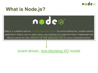 What is Node.js?
event-driven, non-blocking I/O model
 