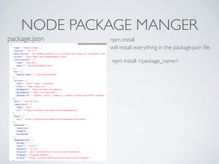 NODE PACKAGE MANGER
package.json
 
npm install  
will install everything in the package.json ﬁle.
npm install <package_name>
 
 