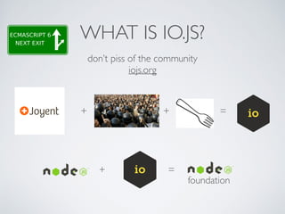 WHAT IS IO.JS?
don’t piss of the community
iojs.org
+ =+
=
foundation
+
 