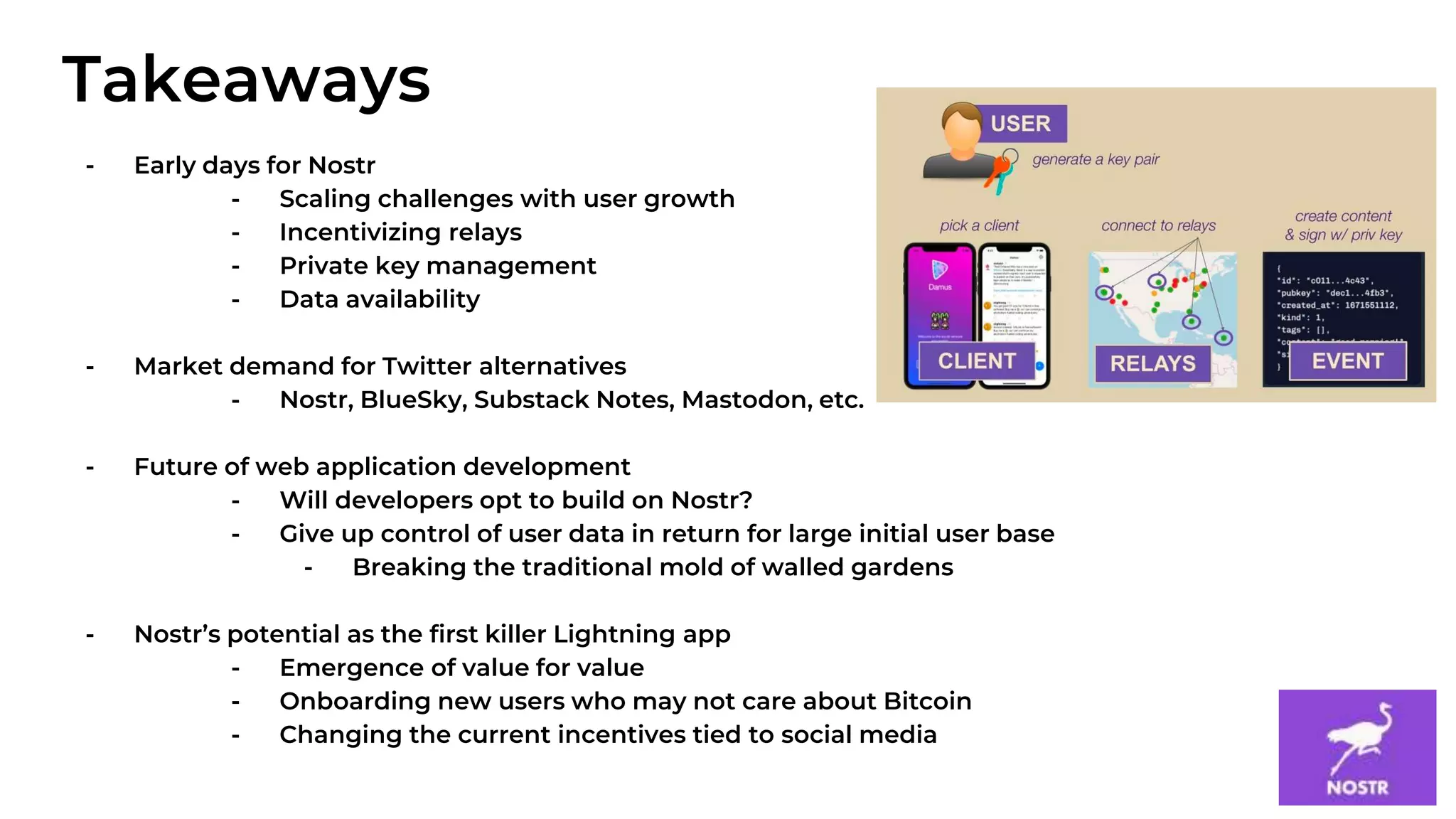 13
Takeaways
- Early days for Nostr
- Scaling challenges with user growth
- Incentivizing relays
- Private key management
- Data availability
- Market demand for Twitter alternatives
- Nostr, BlueSky, Substack Notes, Mastodon, etc.
- Future of web application development
- Will developers opt to build on Nostr?
- Give up control of user data in return for large initial user base
- Breaking the traditional mold of walled gardens
- Nostr’s potential as the first killer Lightning app
- Emergence of value for value
- Onboarding new users who may not care about Bitcoin
- Changing the current incentives tied to social media
 