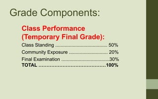 Grade Components:
Class Performance
(Temporary Final Grade):
Class Standing ....................................... 50%
Co...