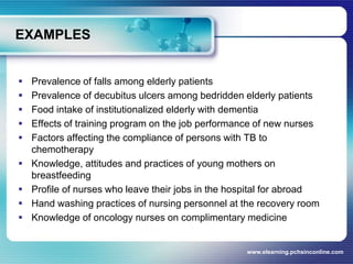 EXAMPLESPrevalence of falls among elderly patientsPrevalence of decubitus ulcers among bedridden elderly patientsFood intake of institutionalized elderly with dementiaEffects of training program on the job performance of new nursesFactors affecting the compliance of persons with TB to chemotherapyKnowledge, attitudes and practices of young mothers on breastfeedingProfile of nurses who leave their jobs in the hospital for abroadHand washing practices of nursing personnel at the recovery roomKnowledge of oncology nurses on complimentary medicinewww.elearning.pchsinconline.com