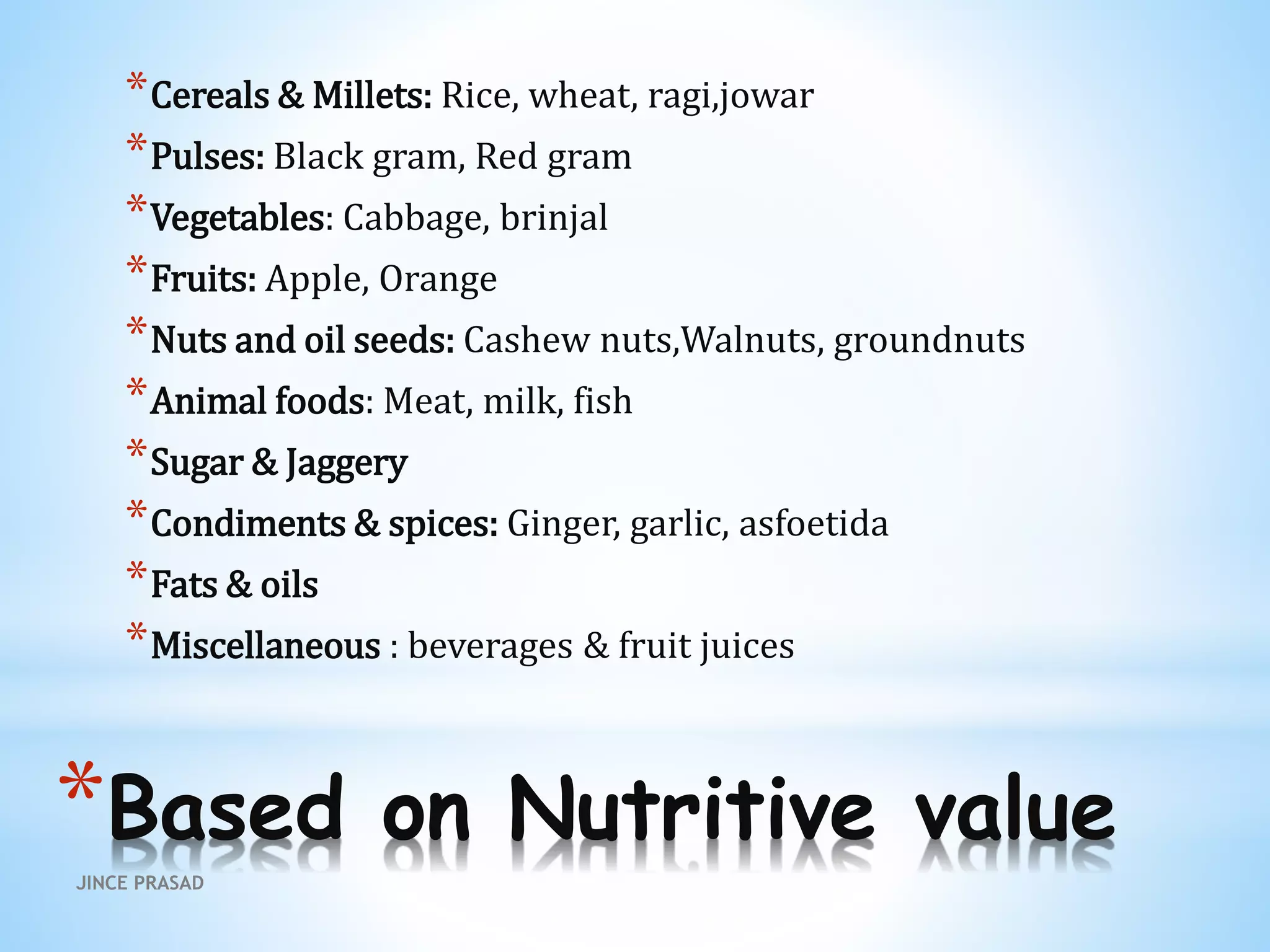 *Based on Nutritive value
*Cereals & Millets: Rice, wheat, ragi,jowar
*Pulses: Black gram, Red gram
*Vegetables: Cabbage, brinjal
*Fruits: Apple, Orange
*Nuts and oil seeds: Cashew nuts,Walnuts, groundnuts
*Animal foods: Meat, milk, fish
*Sugar & Jaggery
*Condiments & spices: Ginger, garlic, asfoetida
*Fats & oils
*Miscellaneous : beverages & fruit juices
JINCE PRASAD
 