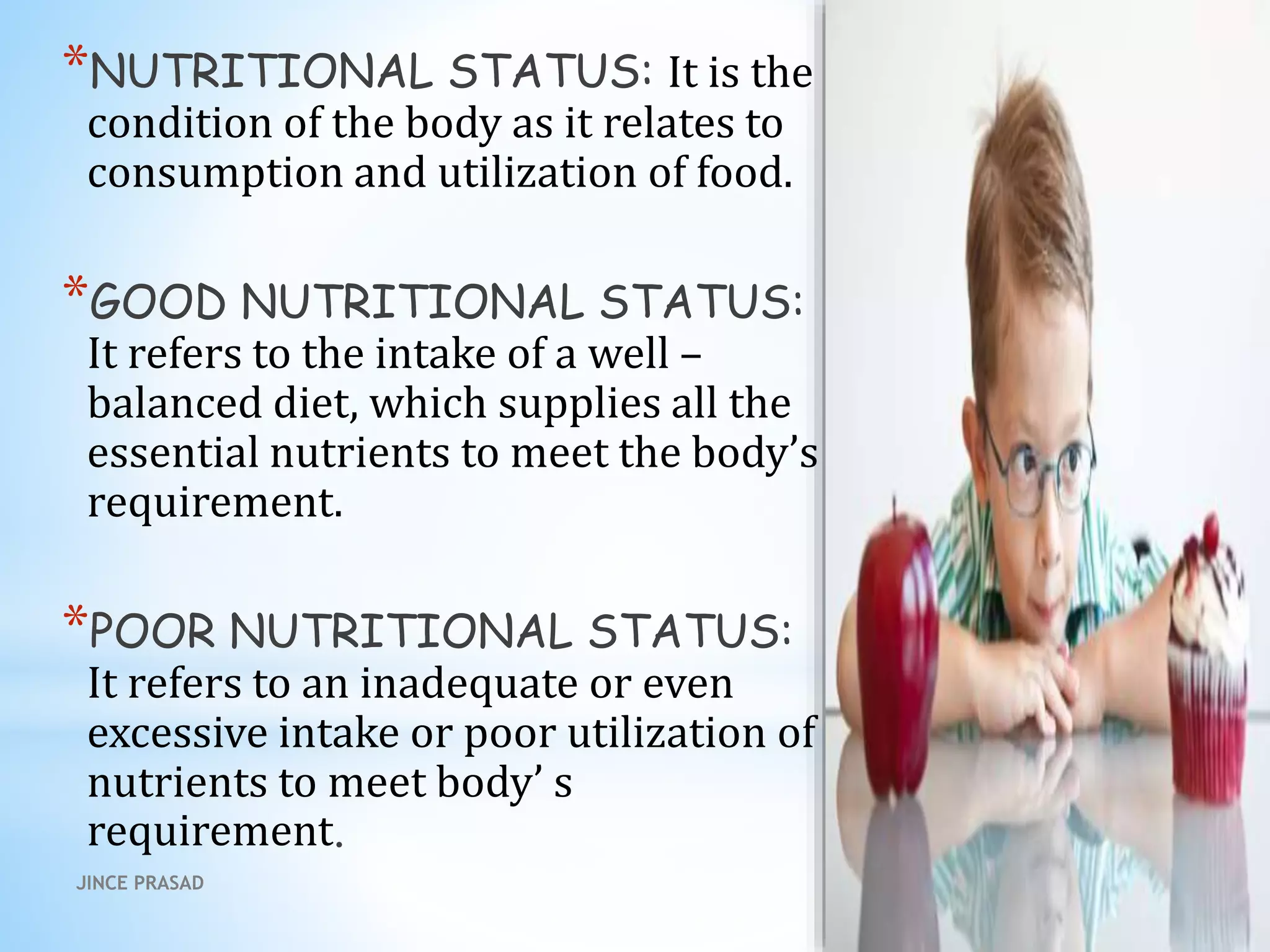 *NUTRITIONAL STATUS: It is the
condition of the body as it relates to
consumption and utilization of food.
*GOOD NUTRITIONAL STATUS:
It refers to the intake of a well –
balanced diet, which supplies all the
essential nutrients to meet the body’s
requirement.
*POOR NUTRITIONAL STATUS:
It refers to an inadequate or even
excessive intake or poor utilization of
nutrients to meet body’ s
requirement.
JINCE PRASAD
 