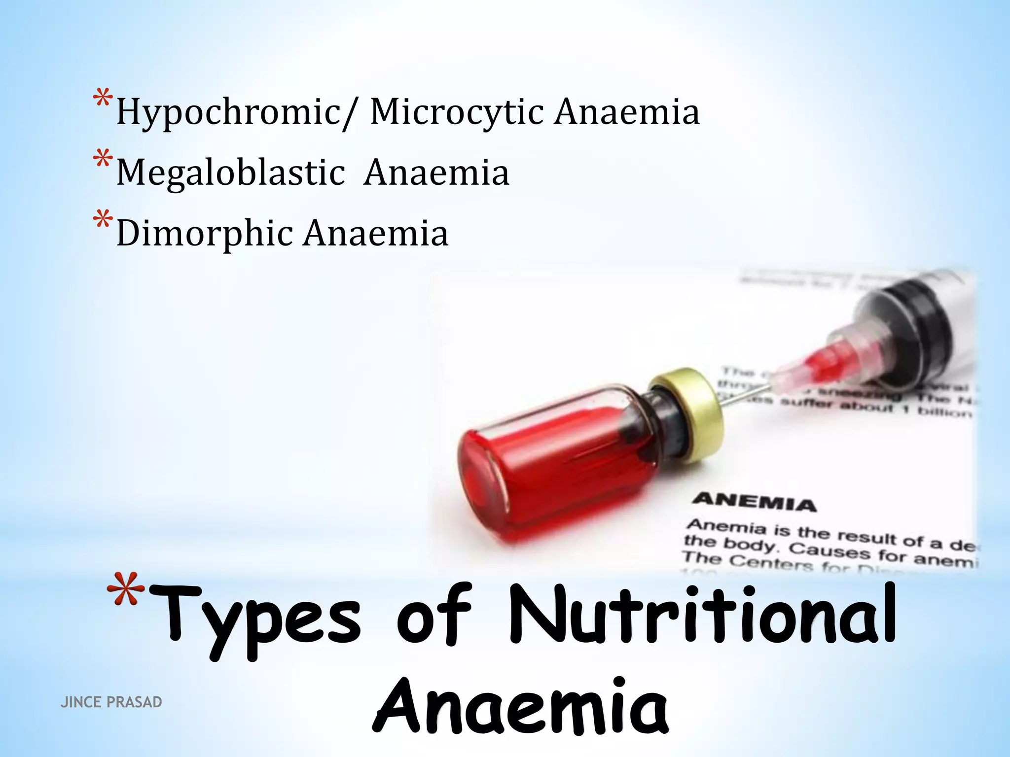 *Types of Nutritional
Anaemia
*Hypochromic/ Microcytic Anaemia
*Megaloblastic Anaemia
*Dimorphic Anaemia
JINCE PRASAD
 