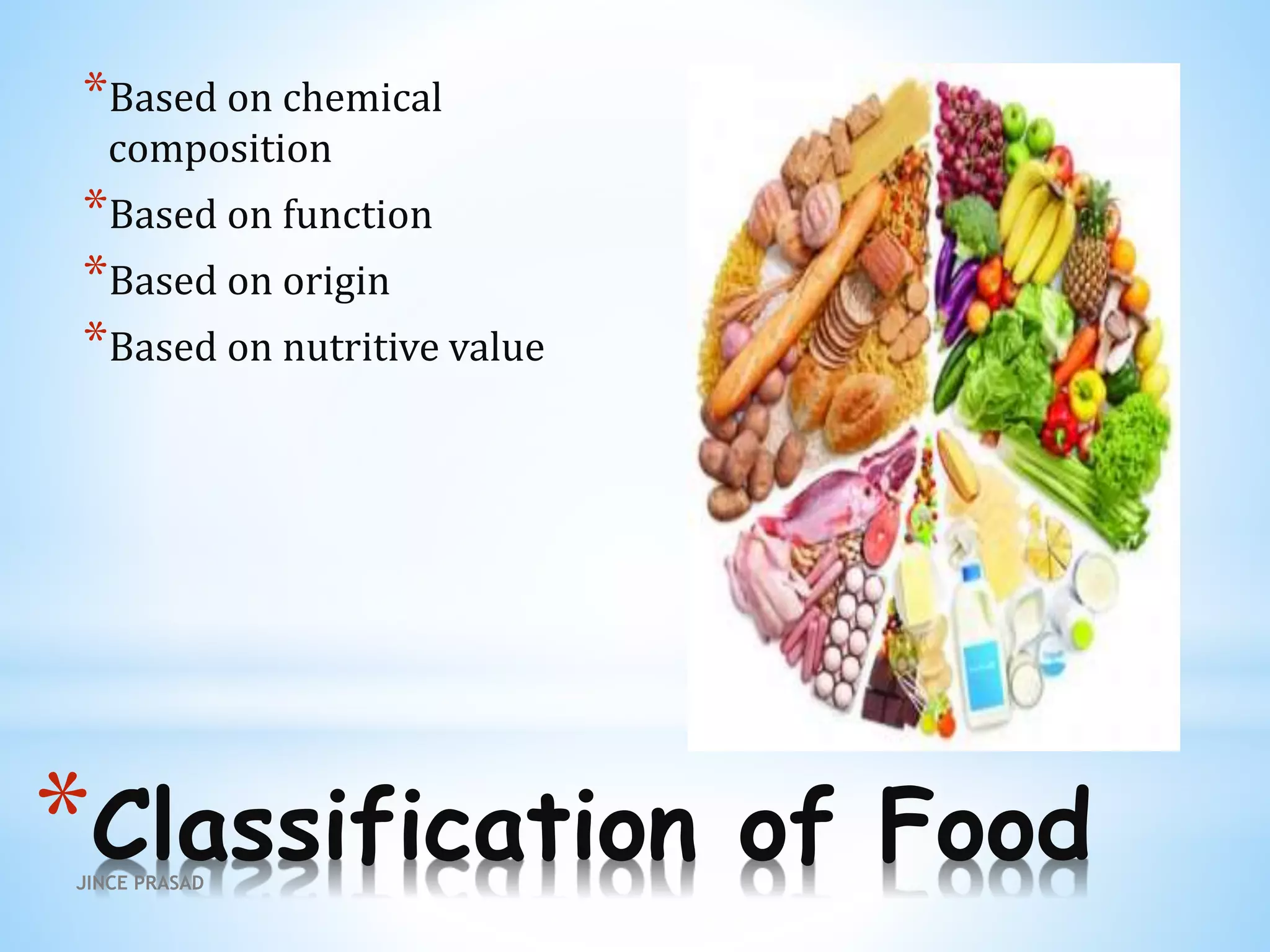 *Classification of Food
*Based on chemical
composition
*Based on function
*Based on origin
*Based on nutritive value
JINCE PRASAD
 