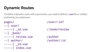 Dynamic Routes
To define a dynamic route with a parameter, you need to define a .vue file or a folder
prefixed by an underscore.
pages/
--| user/
-----| _id.vue
--| _book/
-----| review.vue
--| author/
-----| _id.vue
-----| index.vue
/user/:id?
/:book/review
/author
/author/:id
 