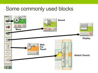 Move
Wait
For
Touch
Display
Sound
Switch (Touch)
Some commonly used blocks
 