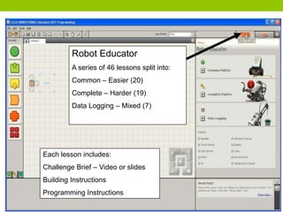 Robot Educator
A series of 46 lessons split into:
Common – Easier (20)
Complete – Harder (19)
Data Logging – Mixed (7)
Each lesson includes:
Challenge Brief – Video or slides
Building Instructions
Programming Instructions
 