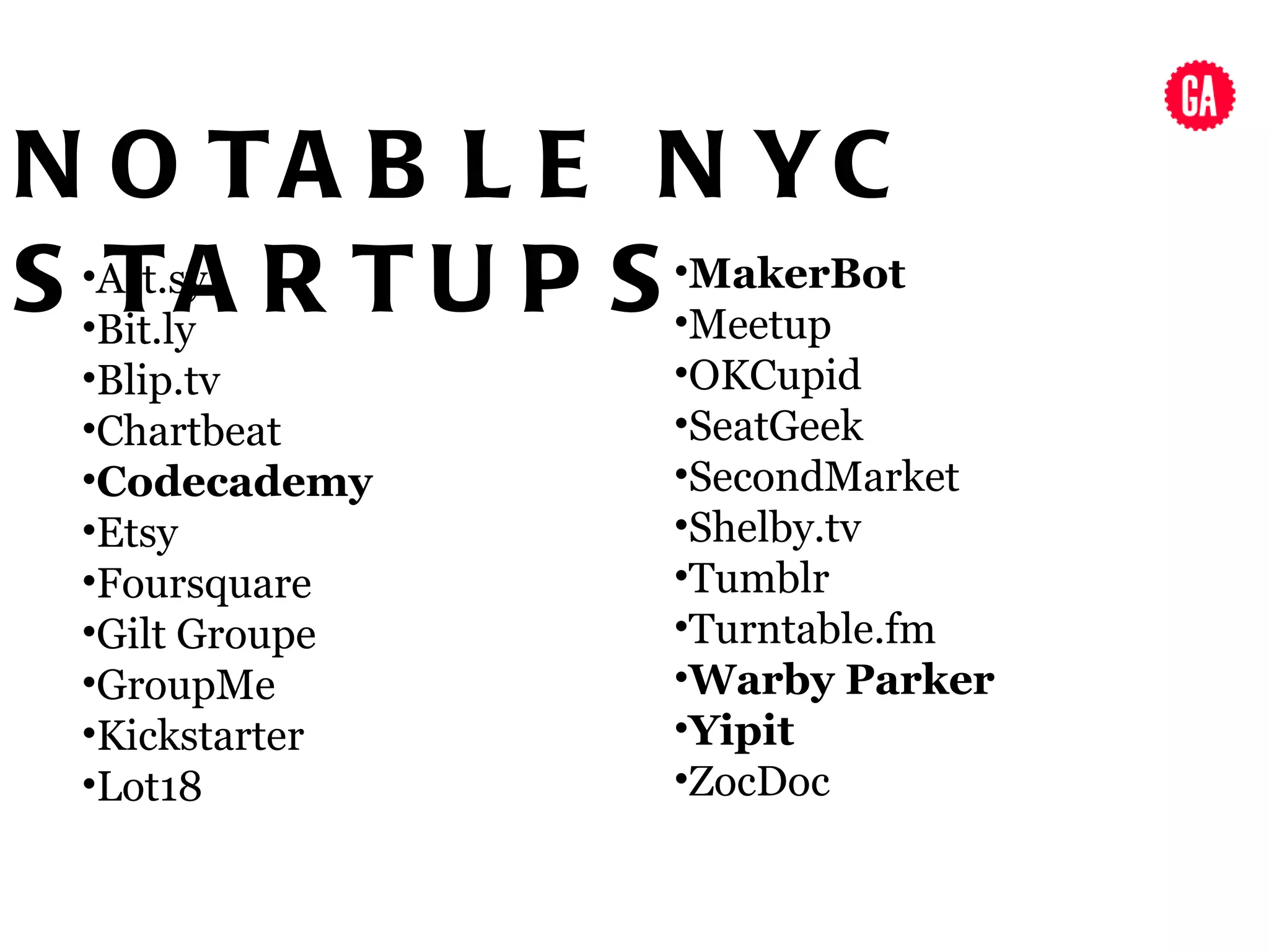 N O TA B L E N YC
S •Bit.lyA
  •Art.sy R T U P S •MakerBot
   T                •Meetup
  •Blip.tv           •OKCupid
  •Chartbeat         •SeatGeek
  •Codecademy        •SecondMarket
  •Etsy              •Shelby.tv
  •Foursquare        •Tumblr
  •Gilt Groupe       •Turntable.fm
  •GroupMe           •Warby Parker
  •Kickstarter       •Yipit
  •Lot18             •ZocDoc
 