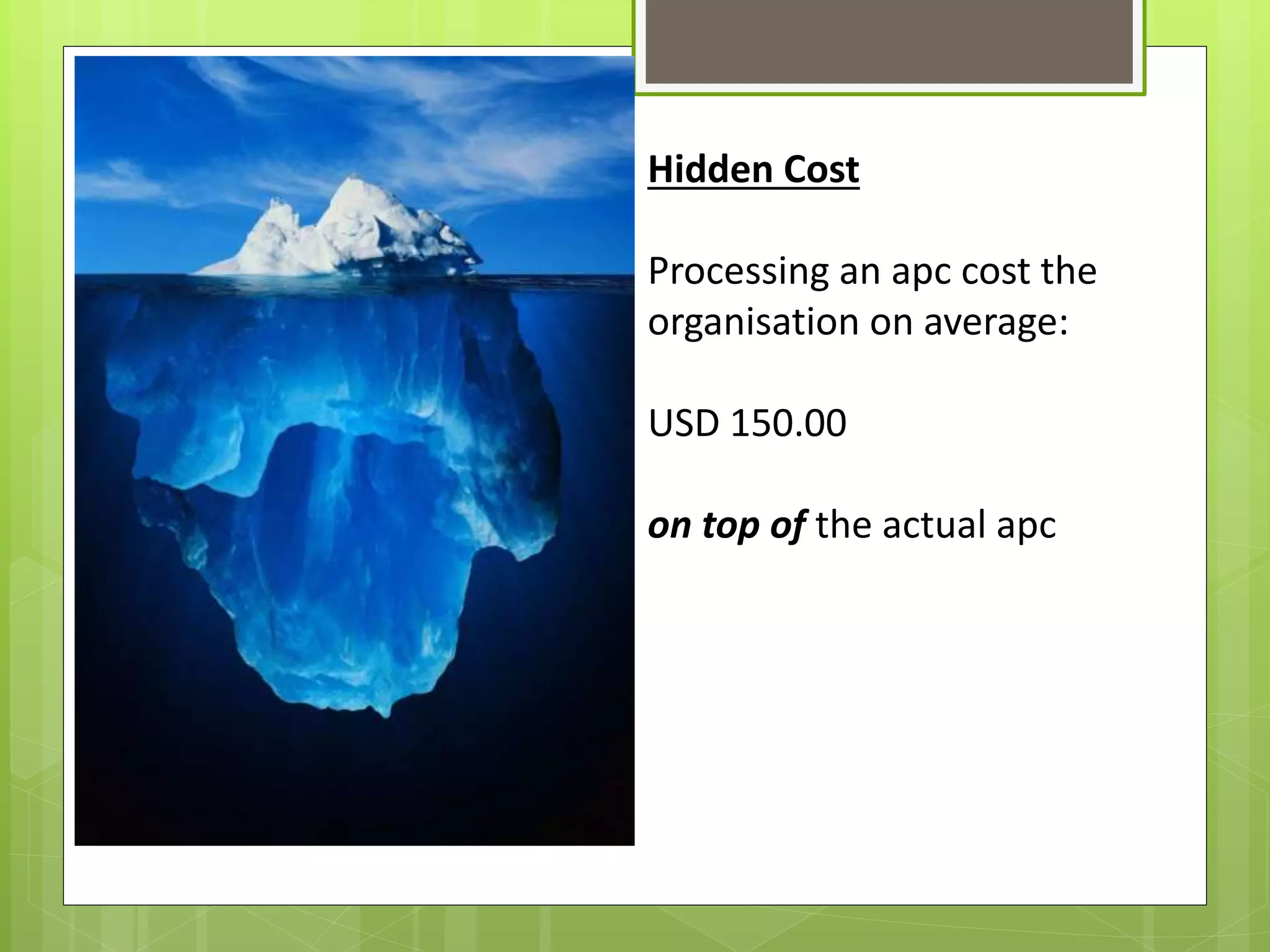 Hidden Cost
Processing an apc cost the
organisation on average:
USD 150.00
on top of the actual apc
 