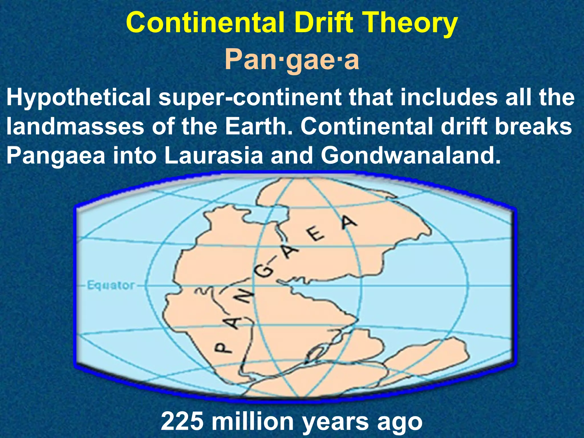 Continental Drift Theory
Pan·gae·a
Hypothetical super-continent that includes all the
landmasses of the Earth. Continental drift breaks
Pangaea into Laurasia and Gondwanaland.

225 million years ago

 