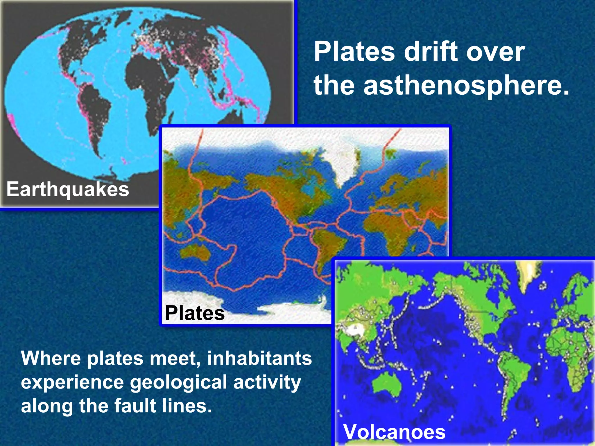 Plates drift over
the asthenosphere.

Earthquakes

Plates
Where plates meet, inhabitants
experience geological activity
along the fault lines.

Volcanoes

 