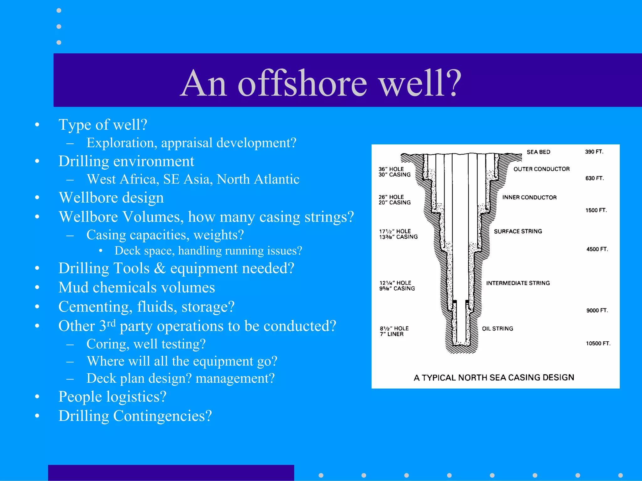 An offshore well?
• Type of well?
– Exploration, appraisal development?
• Drilling environment
– West Africa, SE Asia, North Atlantic
• Wellbore design
• Wellbore Volumes, how many casing strings?
– Casing capacities, weights?
• Deck space, handling running issues?
• Drilling Tools & equipment needed?
• Mud chemicals volumes
• Cementing, fluids, storage?
• Other 3rd party operations to be conducted?
– Coring, well testing?
– Where will all the equipment go?
– Deck plan design? management?
• People logistics?
• Drilling Contingencies?
 