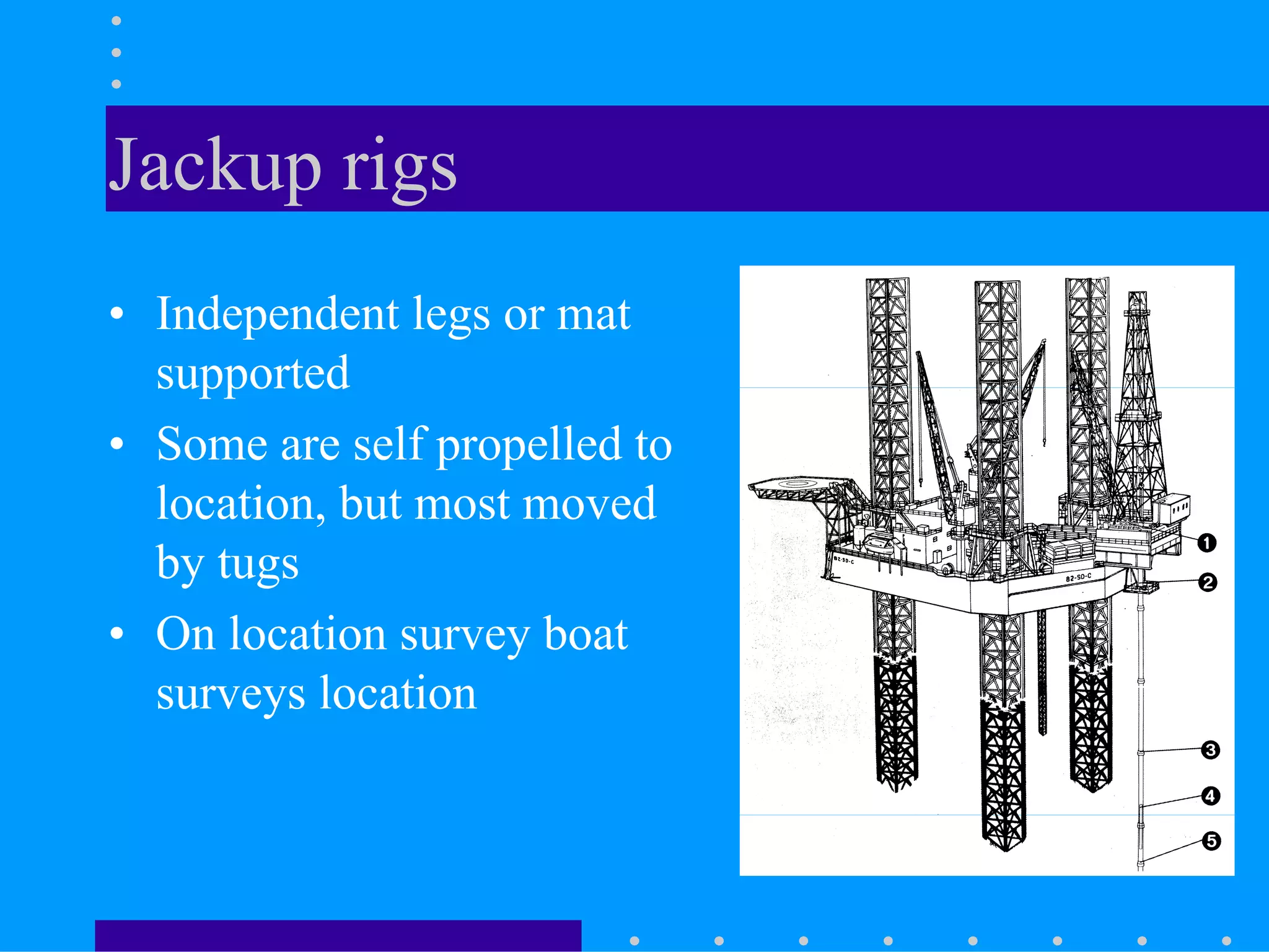 Jackup rigs
• Independent legs or mat
supported
• Some are self propelled to
location, but most moved
by tugs
• On location survey boat
surveys location
 