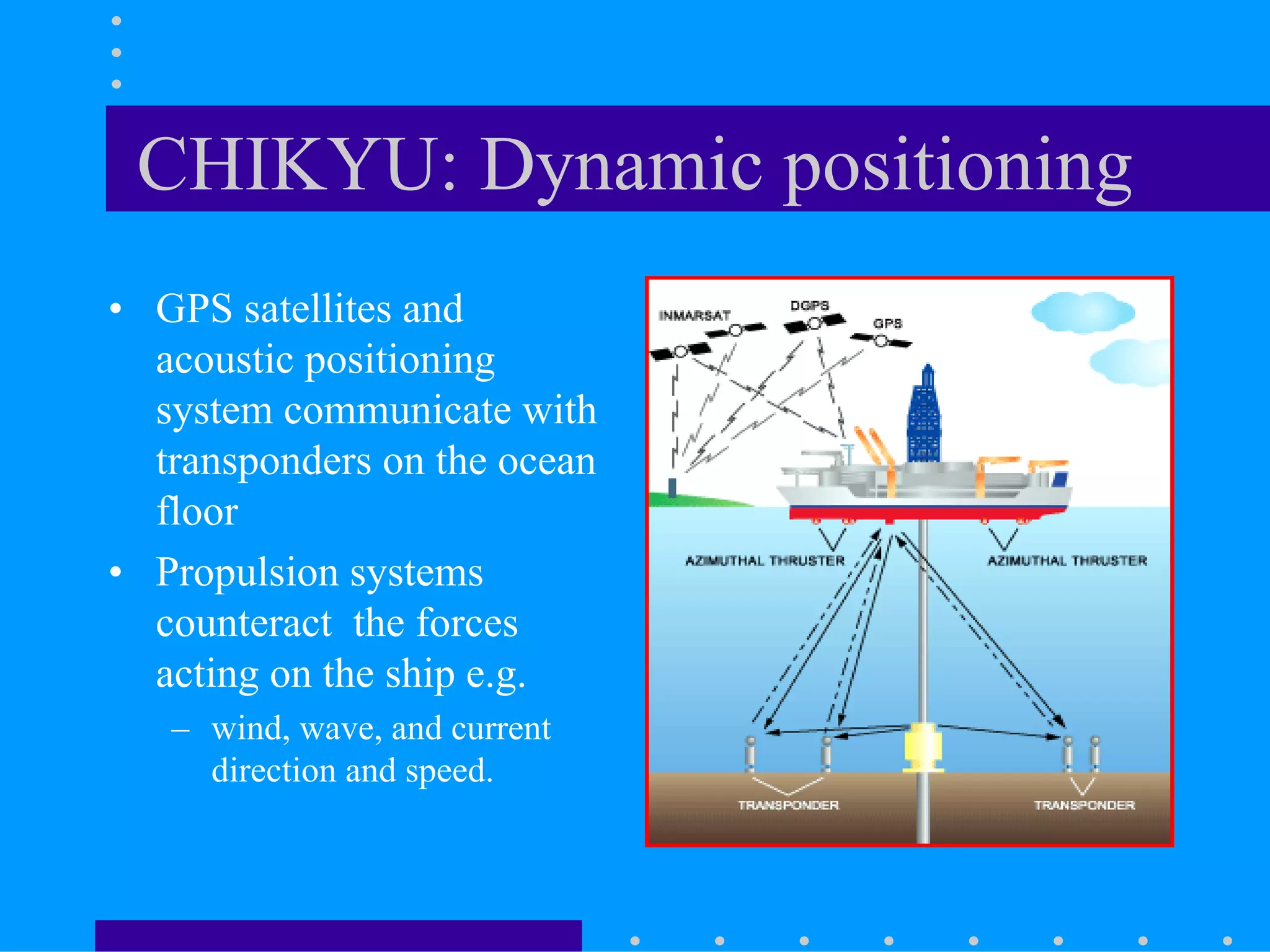 CHIKYU: Dynamic positioning
• GPS satellites and
acoustic positioning
system communicate with
transponders on the ocean
floor
• Propulsion systems
counteract the forces
acting on the ship e.g.
– wind, wave, and current
direction and speed.
 